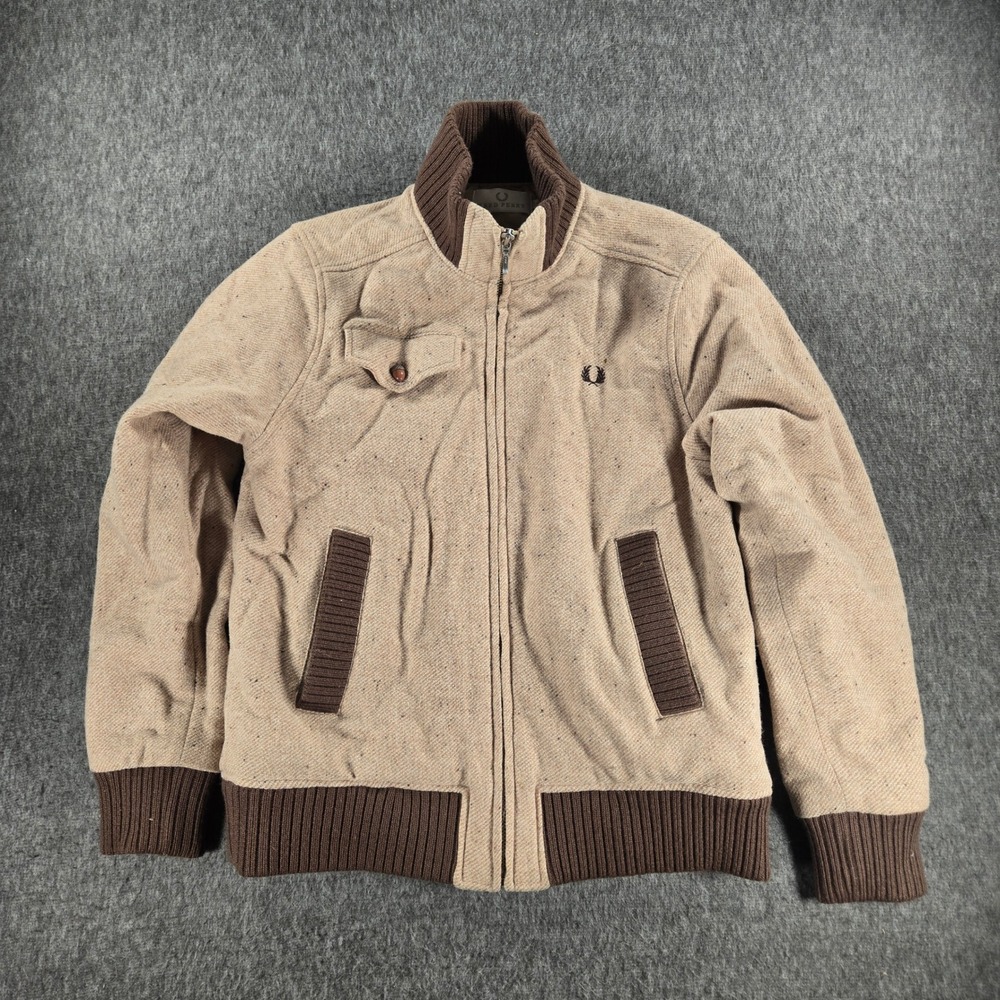 Fred Perry Quilted Bomber Jacket Womens M Tan Brown Wool Blend Utility Mod